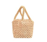 KUWHSIOP Borsa a mano in legno intrecciato con perline per donna, ideale per spiaggia, picnic e vacanze, borsa a secchiello tessuta,Cachi