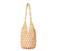 KUWHSIOP Borsa da spiaggia con perline di legno per donna, borsa a secchiello intrecciata fatta a mano, borsa a spalla estiva alla moda,Cachi