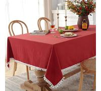 KUWHSIOP Tovaglie in Tinta Unita con Nappe e Pompon in Tessuto di Cotone Lavato per La Decorazione della Tavola delle Feste,Rosso,110 * 110 cm