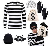 KUWUNG 6 pezzi costume da uomo predatore, costume da rapinatore da banca da uomo, costume da ladro con maglietta, cappello, guanti, maschera per gli occhi, banconote, costumi di carnevale per cosplay