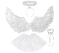 KUWUNG Costume da angelo per bambini, set da 4 pezzi con ali d'angelo, gonna tutù, alone e bacchetta magica, costume da angelo per ragazze per feste a tema, carnevale, feste in costume