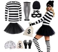 KUWUNG Costume da ladro da ladro, set da 8 pezzi, costume da rapinatore di banche per adulti, con cappello, maschera, top, tutù, gonna, calzini, guanti, portafoglio, banconote finte, abiti per