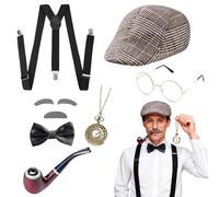 KUWUNG Costume da nonno anni '20, 7 pezzi Accessori per il costume da Sherlock Holmes con cappello Bretelle elastiche a Y Papillon Barba Sopracciglia Occhiali Accessori per bambini adulti