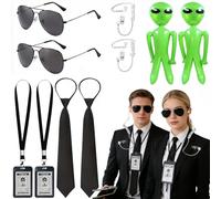 KUWUNG Costume da uomo in nero, set da 10 accessori per costume da agente con occhiali da sole walkie-talkie cordoncino, cravatta, carta d'identità e alieno, gonfiabile, agente segreto, costume per