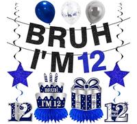 Kuxriox 11 decorazioni per il 12° compleanno per ragazzi e uomini, striscione per 12° compleanno in argento blu, Bruh I'm 12 palloncini centrotavola turbinii forniture per feste, dodici compleanno