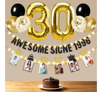 Kuxriox Kit di decorazioni per 30° compleanno per uomini e donne con striscia di luci a LED per foto, palloncino numero 30 nero oro fantastico dal 1996, forniture per feste di compleanno trent'anni