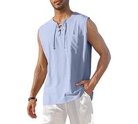 KUYIGO Maglia da Uomo in Cotone e Lino Senza Maniche Henley Camicia Casual con Lacci da Spiaggia Hippie Top, Blu Cielo, XL