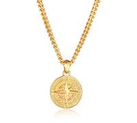Kuzzoi 0108240420_50 - Collana da uomo con ciondolo a forma di bussola (34 mm), in argento Sterling 925 placcato oro, lunghezza 50 cm, con ciondolo lavorato a mano