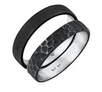 Kuzzoi Anelli da uomo in argento sterling 925 ossidato, 2 pezzi, per uomo, Basic e effetto martello, set da uomo taglia 54-66