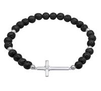 Kuzzoi Buddha 0210991923 - Bracciale da uomo in pietra naturale, con croce in argento Sterling 925, lunghezza 19-21 cm, Argento sterling Pietra Nylon, Pietra lavica