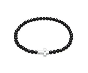 Kuzzoi Buddha Bracciale da uomo in pietra naturale, elastico in perle di onice (4 mm), bracciale con croce in argento sterling 925, da uomo, 19 cm, Pietra, Onice