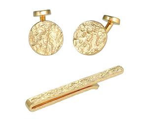 Kuzzoi Gemelli da uomo con design e fermacravatta in stile martellato, set di accessori da uomo in argento sterling 925 placcato oro, elegante regalo per matrimonio e compleanno, argento sterling 925