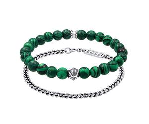 Kuzzoi - Set di bracciali da uomo con pietre preziose elastiche in argento, perle di malachite, in argento Sterling 925 ossidato