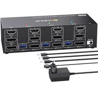 KVM Switch 3 PC 3 monitor 8K@60Hz 4K@144Hz,Triple Monitor HDMI+2 Displayport KVM Switch per 3 parti PC, 3 monitor e 4 dispositivi USB3.0, con alimentatore da 12 V DC, telecomando cablato e 3 cavi USB