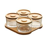 KVMORZE Set da portata da 270 ml con vassoio in bambù, piatto da portata per snack, caramelle, frutta, noci, piccole ciotole in vetro con coperchi per condimenti, contorni, pre, dessert, salsa (4
