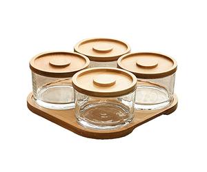 KVMORZE Set da portata da 270 ml con vassoio in bambù, piatto da portata per snack, caramelle, frutta, noci, piccole ciotole in vetro con coperchi per condimenti, contorni, pre, dessert, salsa (4