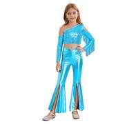 Kvysinly Traje da Festa Metallizzato Brillante per Bambine per Danza Hip Hop Jazz Disco con Crop Top A Maniche Lunghe con Fiocchi E Pantaloni A Campana Divisi età Azzurro Chiaro 13-14 Anni