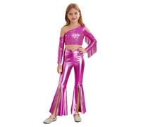 Kvysinly Traje da Festa Metallizzato Brillante per Bambine per Danza Hip Hop Jazz Disco con Crop Top A Maniche Lunghe con Fiocchi E Pantaloni A Campana Divisi età Rosa Scuro 5-6 Anni