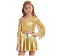 Kvysinly Traje di Strass per Bambine con Crop Top A Maniche Lunghe E Frange di Strass E Gonna Skater Lucida Abito da Ballo Moderno per Fieste E Scenari Hip Hop per Oro 13-14 Anni