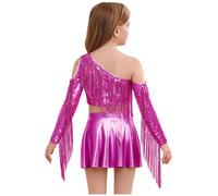 Kvysinly Traje di Strass per Bambine con Crop Top A Maniche Lunghe E Frange di Strass E Gonna Skater Lucida Abito da Ballo Moderno per Fieste E Scenari Hip Hop per Rosa Scuro 15-16 Anni