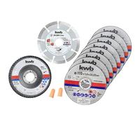 KWB 712041, Dischi da taglio + disco diamantato e mola, Ø Smerigliatrice angolare sottile 115 mm Disco da taglio f. Acciaio inossidabile INOX in scatola di conservazione incl. tappo per le orecchie ABM. 115 x 1,0 x 22,23, Ø