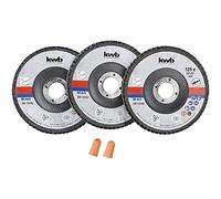 kwb 712062 3 dischi abrasivi a ventaglio da 125 mm in scatola di conservazione incl. tappi per le orecchie Granulometria K-40, K-60, K-80 per smerigliatrici angolari ABM. 125 x 22,23