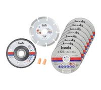 kwb set di 10 dischi da taglio, Ø 125 mm | Dischi da taglio sottili | disco diamantato | disco lamellare | per metallo e pietra | tappi auricolari inclusi