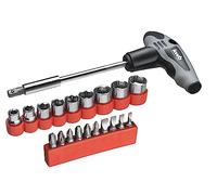 kwb Set di cacciaviti con impugnatura a T 21 pezzi con portabit, incl. 10 bit da 25 mm, 9 bussole da 1/4'' / bussole, per lavori di avvitamento leggeri in auto, in moto e in casa