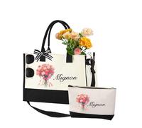 KWCLTH Borsa tote personalizzata - Borsa da spiaggia con fiore di nascita e tasche con cerniera, borsa tote in tela con iniziali ricamate e borsa per il trucco, regali per le donne