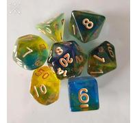 Kweiugfi Set di 7 dadi DND, MTG Dice Polyedrische Dadi Playing Games, Pathfinder, Board Games, D4 D6 D8 D10 D12 D20 D% (giallo verde e oro)