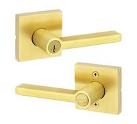 Kwikset Halifax Maniglia per porta d'ingresso con serratura e chiave, serratura di sicurezza reversibile, leva esterna, per ingresso anteriore e camera da letto, in ottone satinato, resistente al pick