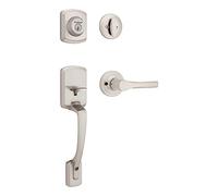 Kwikset Henley - Set maniglia e catenaccio per porta anteriore, maniglia esterna con leva interna reversibile, in nichel satinato, resistente al pick-up, con protezione Microban