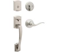 Kwikset Prescott Single Cylinder Front Door Handleset with Tustin Lever Featuring SmartKey Security and Microban Antimicrobial Protection in Satin Nickel