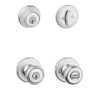 Kwikset Tylo - Set di maniglie e chiavistello per porta anteriore, confezione combo con cilindro singolo con pomello per porta d'ingresso, cromato satinato, con protezione Microban