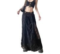 KWISUAWHGA Gonna Lunga A Trapezio Da Donna Stile Y2k in Rete Stile Retrò Con Lacci Patchwork Stile Streetwear Tinta Unita Gonne Fluide,Nero,M