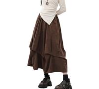 KWISUAWHGA Gonna Lunga in Velluto A Coste Autunno-Inverno Da Donna Vita Elastica Pieghettata A Pieghe Colore Uniforme Casual,Marrone,One Size