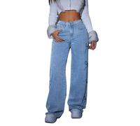 KWISUAWHGA Jeans Larghi Da Donna, A Vita Alta Stile Y2k Larghi Dritti Con Fiocco Carino Ricamati Casual Vintage Pantaloni in Denim,Light blue,S
