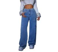 KWISUAWHGA Jeans Larghi Da Donna, A Vita Alta Stile Y2k Larghi Dritti Con Fiocco Carino Ricamati Casual Vintage Pantaloni in Denim,Blu,M