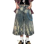 KWISUAWHGA Pantaloni Capri Da Donna in Denim A Gamba Larga Comodi A Vita Media Casual Dritti Stile Vintage Effetto Usurato Moda Y2k Stampa Jeans,Blu,S