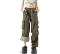KWISUAWHGA Pantaloni Cargo Da Donna Foderati in Pile Invernali Con Elastico in Vita Casual Alla Moda Da Escursionismo E Da Sci Isolati,Verde,L