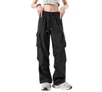 KWISUAWHGA Pantaloni Cargo Da Donna Foderati in Pile Invernali Con Elastico in Vita Casual Alla Moda Da Escursionismo E Da Sci Isolati,Nero,L