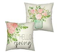 Kwlegh Hello Spring - Set di 2 federe per cuscini da 45 x 45 cm, motivo floreale rosa floreale, stile shabby chic, per divano, camera da letto, patio, giardino, in cotone e lino