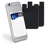 kwmobile 3x Porta carte di credito per Cellulare - Tasca Adesiva in Silicone per Tessere Carte Badge - Taschino Autoadesivo per Cover - nero/nero/bianco 8,5x5,5cm