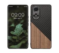 kwmobile Cover Compatibile con Honor 50 - Custodia in Fibra di Carbonio e Legno - Bumper Anti Urto - Back Protection Marrone Scuro/Nero