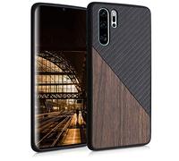 kwmobile Cover Compatibile con Huawei P30 PRO - Custodia in Fibra di Carbonio e Legno - Bumper Anti Urto - Back Protection Marrone Scuro/Nero