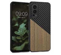 kwmobile Cover Compatibile con OnePlus Nord 2 5G - Custodia in Fibra di Carbonio e Legno - Bumper Anti Urto - Back Protection marrone scuro/nero