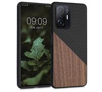 kwmobile Cover Compatibile con Xiaomi 11T / 11T Pro - Custodia in Fibra di Carbonio e Legno - Bumper Anti Urto - Back Protection marrone scuro/nero