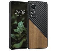 kwmobile Cover Compatibile con Xiaomi 12 / 12X - Custodia in Fibra di Carbonio e Legno - Bumper Anti Urto - Back Protection marrone scuro/nero/nero