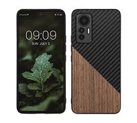 kwmobile Cover Compatibile con Xiaomi 12 Lite 5G - Custodia in Fibra di Carbonio e Legno - Bumper Anti Urto - Back Protection Marrone Scuro