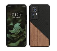 kwmobile Cover Compatibile con Xiaomi 12T / 12T PRO - Custodia in Fibra di Carbonio e Legno - Bumper Anti Urto - Back Protection Marrone Scuro/Nero